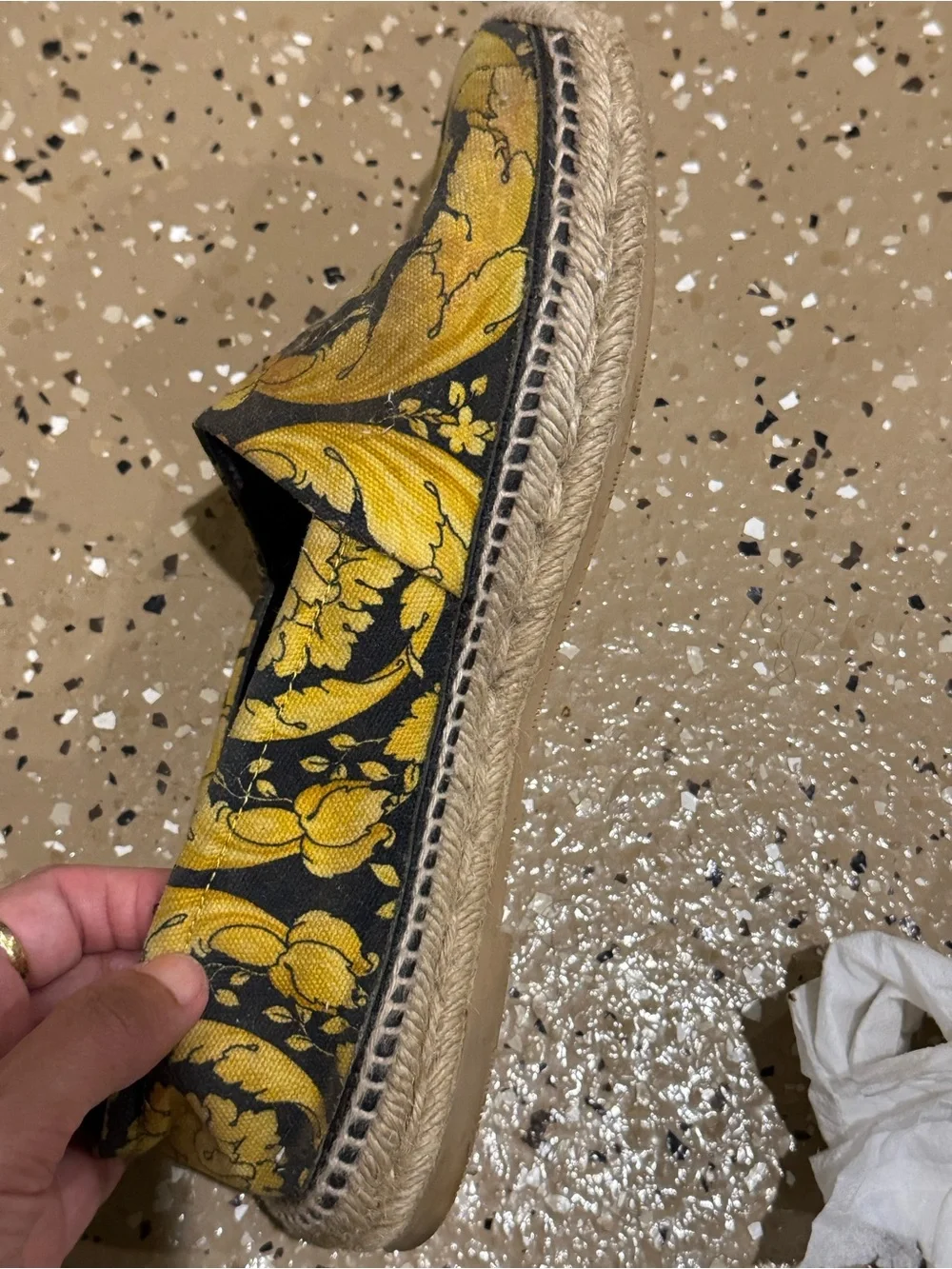 Versace Yellow and Black Floral Espadrille Slip-Ons